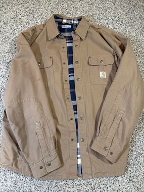 Carhartt Tan Lined Canvas Shirt Jacket with Plaid Lining